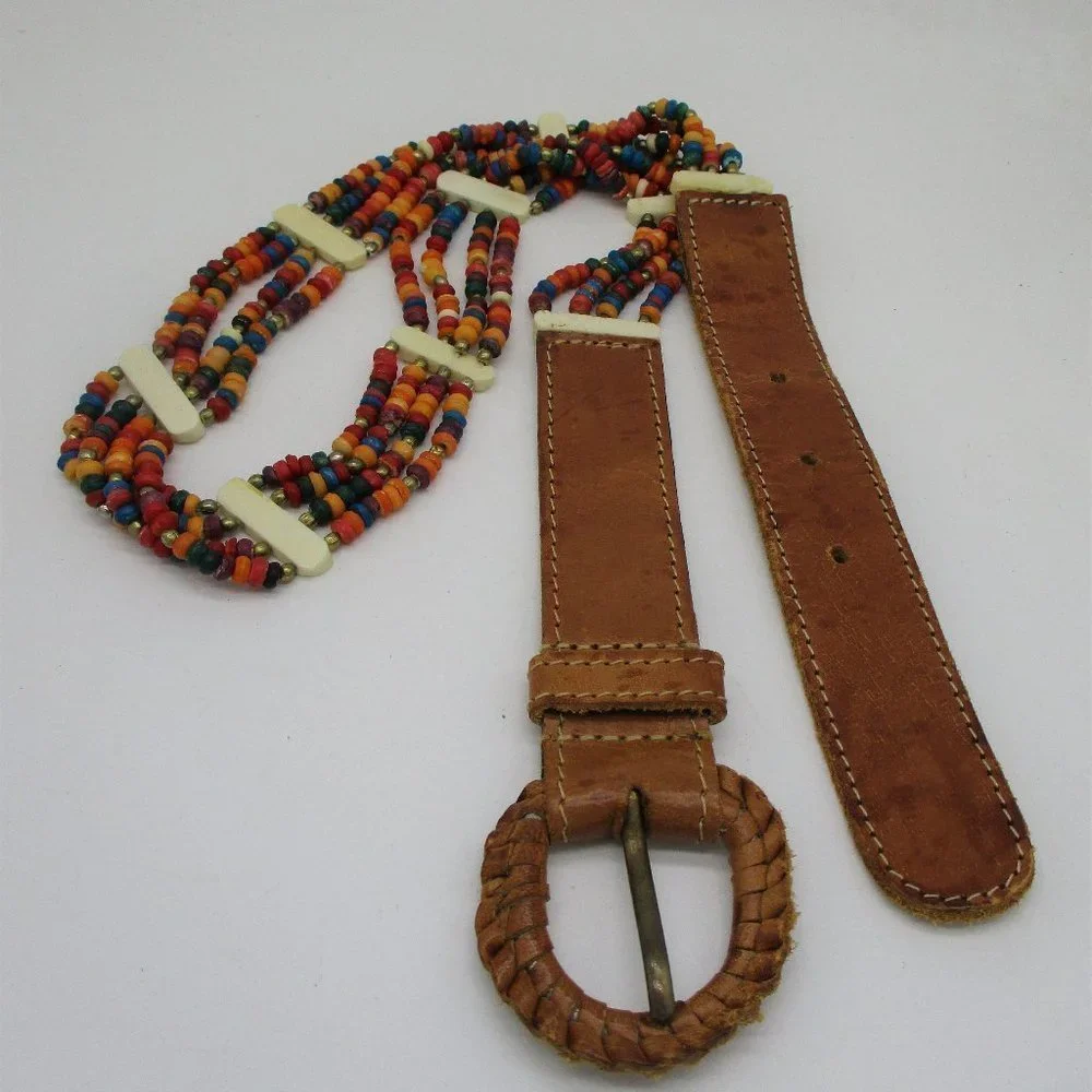𝅺vintage Genuine Leather & Bone Beads Belt